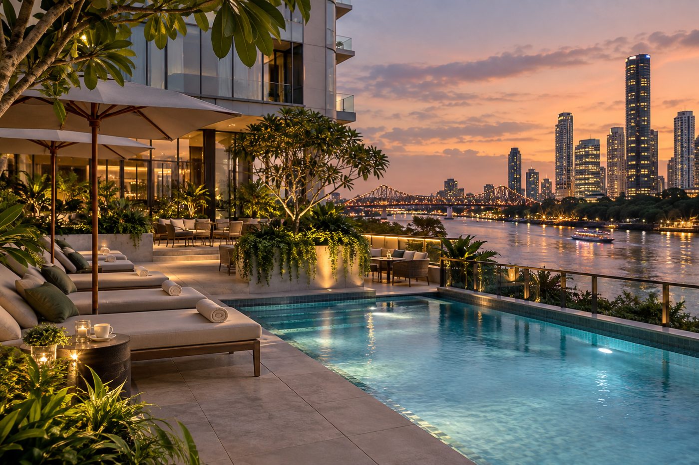 Iqtanfelbus river deck with pool, loungers and Brisbane evening lights
